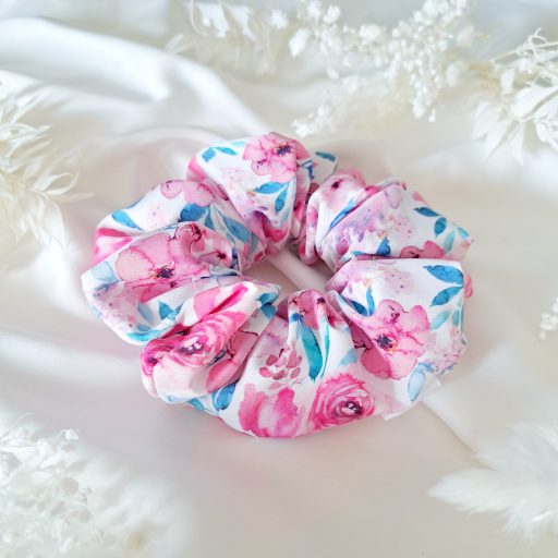 Pink akvarell virágos scrunchie - választható méret 