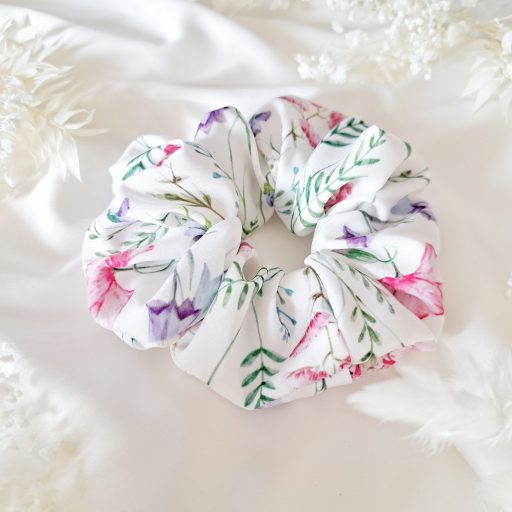 Pink-lila virágos scrunchie - választható méret 